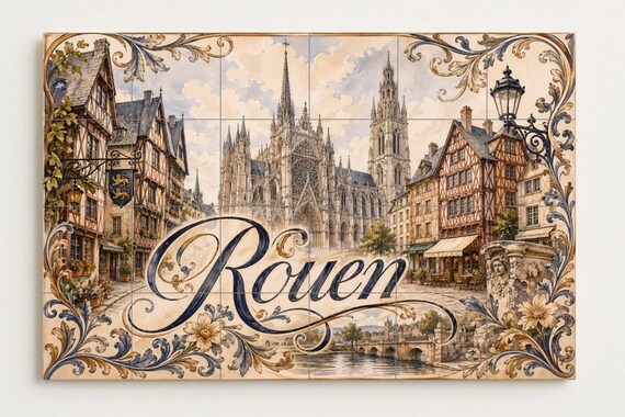 Mural de azulejos de cerámica de Rouen, arte mural de catedral gótica frances… — vista 4