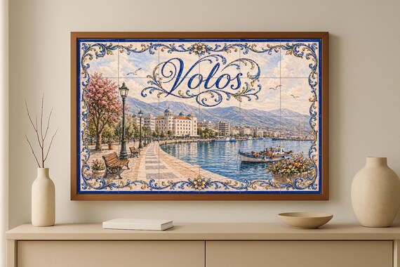 Mural de azulejos de cerámica de Volos, Grecia, arte mural del puerto griego,… — vista 3