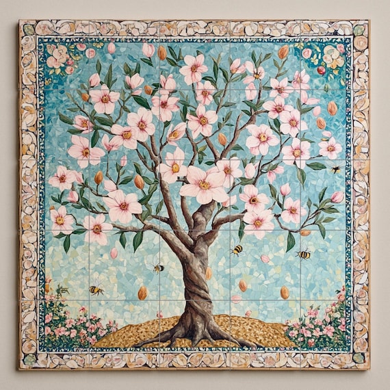Mural de azulejos cerámicos de flor de almendro persa con abejas y borde de m… — vista 3