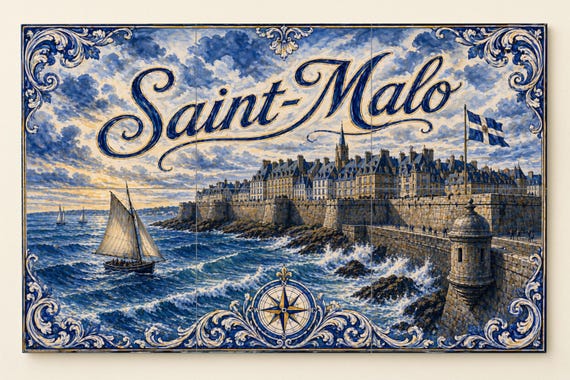 Mural de azulejos de cerámica de Saint-Malo, arte mural costero francés con p… — Mural cerámico de Cerámicas La Noria