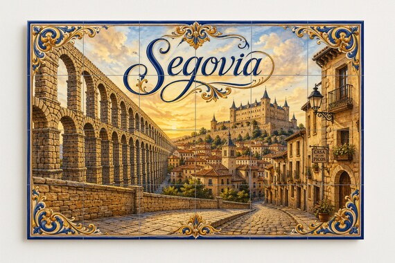 Mural de azulejos cerámicos del acueducto romano de Segovia, decoración de pa… — vista 2
