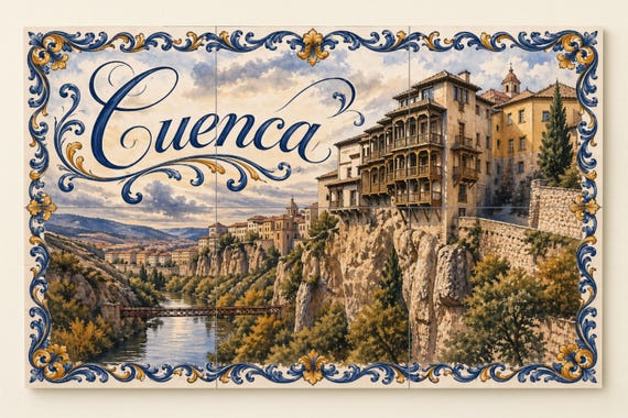 Mural de azulejos cerámicos de las Casas Colgantes de Cuenca, decoración de p…