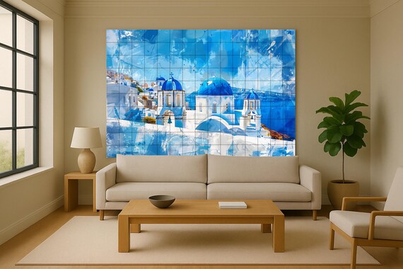 Mural de azulejos con cúpulas azules de Santorini — vista 3
