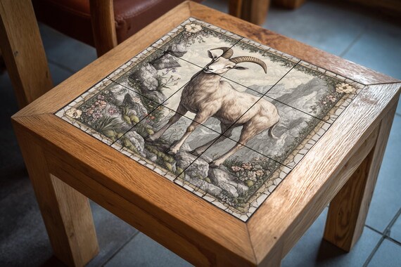 Mural de azulejos de cerámica con cabra montés en un acantilado rocoso, panel… — vista 4