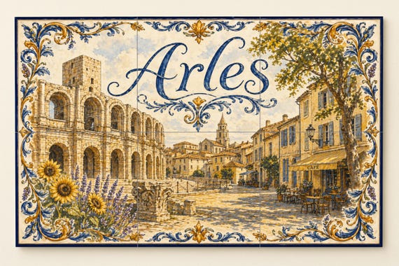 Mural de azulejos de cerámica de Arles, arte mural provenzal con anfiteatro r…