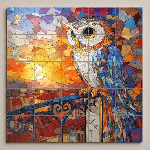 Mural de azulejos de cerámica con diseño de búho en mosaico Art Nouveau con v… — vista 3