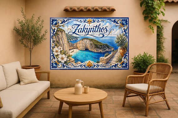Mural de azulejos de cerámica de Zakynthos, Grecia, arte mural de la playa de… — vista 3