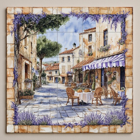 Mural de pared de cerámica de cafetería rústica francesa con sillas de mimbre… — vista 3