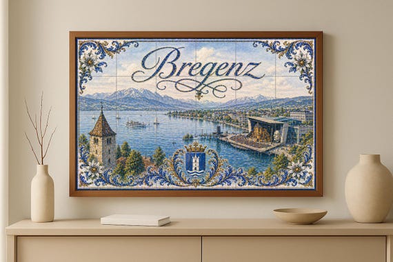 Mural de azulejos de cerámica del lago Constanza en Bregenz, Austria, con vis… — vista 2