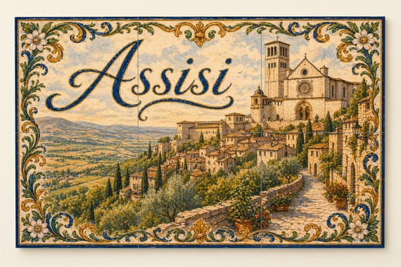 Mural de azulejos de cerámica de Asís, Italia, arte mural campestre italiano,…