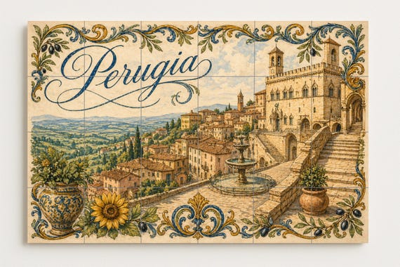 Mural de azulejos de cerámica de Perugia, arte mural de Umbría italiana con a… — vista 2