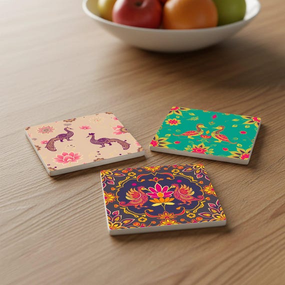 Pavo real indio — Posavasos de cerámica y corcho de Cerámicas La Noria