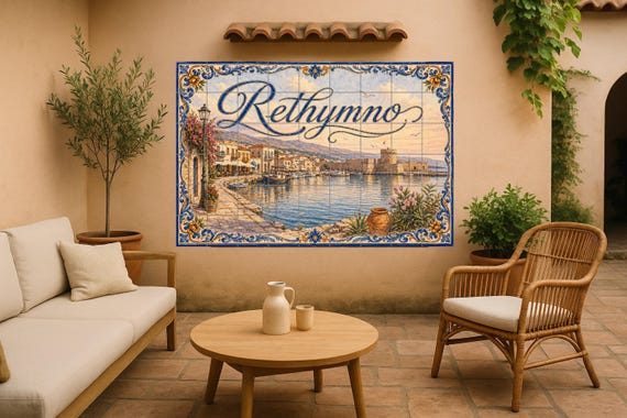 Mural de azulejos de cerámica del puerto veneciano de Rethymno, decoración de…