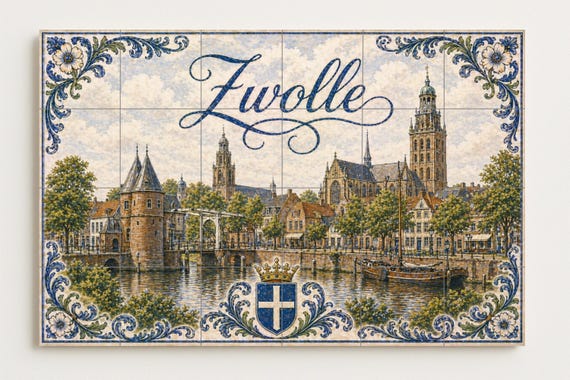 Mural de azulejos de cerámica de Zwolle, canales históricos, torres medievale… — vista 4