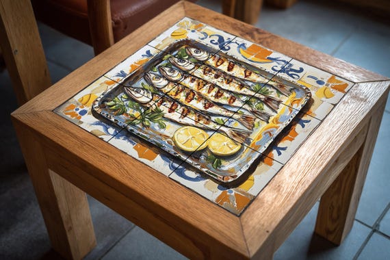 Mural de azulejos cerámicos de sardinas de Málaga con tradición marinera anda… — vista 4