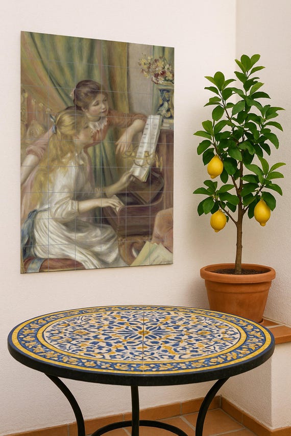 Mural de azulejos de cerámica "Chicas al piano"
