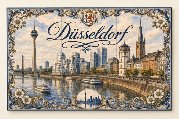 Mural de azulejos de cerámica de Düsseldorf, Alemania, paisaje urbano del río… — vista 3