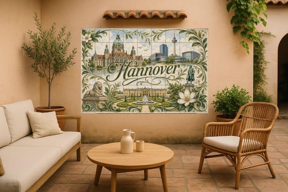 Mural de azulejos de cerámica de Hannover, Alemania, arte mural con paisaje u…