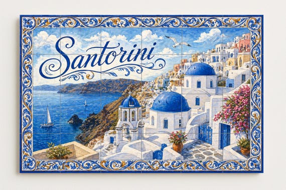 Mural de azulejos de cerámica de Santorini, Grecia, arte mural costero medite… — vista 2