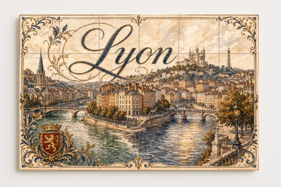 Mural de azulejos de cerámica a orillas del río Lyon, decoración de pared de … — vista 4