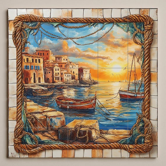 Mural de azulejos de cerámica con puesta de sol en el puerto, barcos de pesca… — vista 3