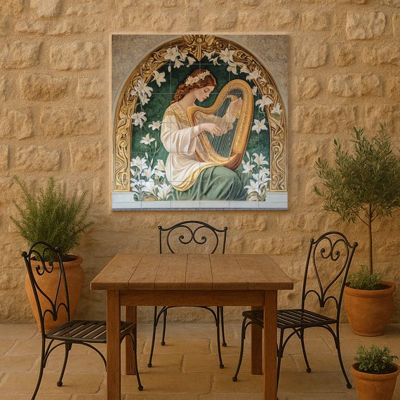 Mural de azulejos de cerámica con arpa Art Nouveau — vista 4