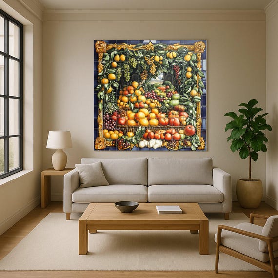Mural de azulejos cerámicos con guirnalda de frutas barrocas napolitanas con … — vista 4