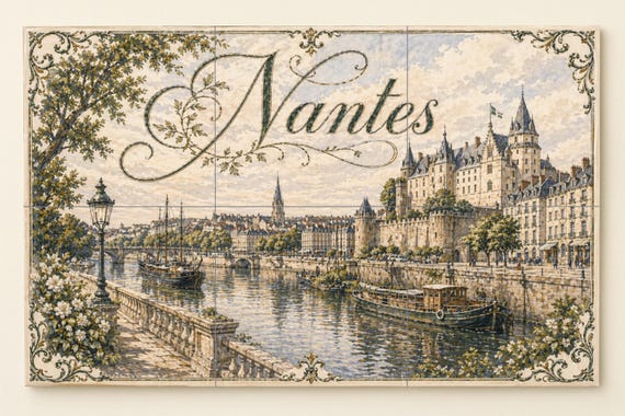 Mural de azulejos de cerámica de Nantes, arte mural del río Loira, Francia, c…