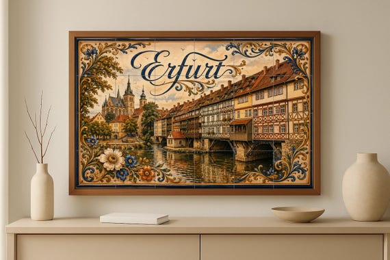 Mural de azulejos de cerámica de Erfurt, Alemania, arte mural medieval a oril… — vista 2