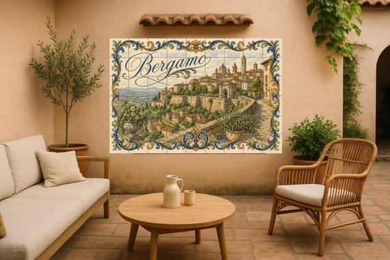 Mural de azulejos de cerámica de Bérgamo, Italia, arte mural de Lombardía, de…
