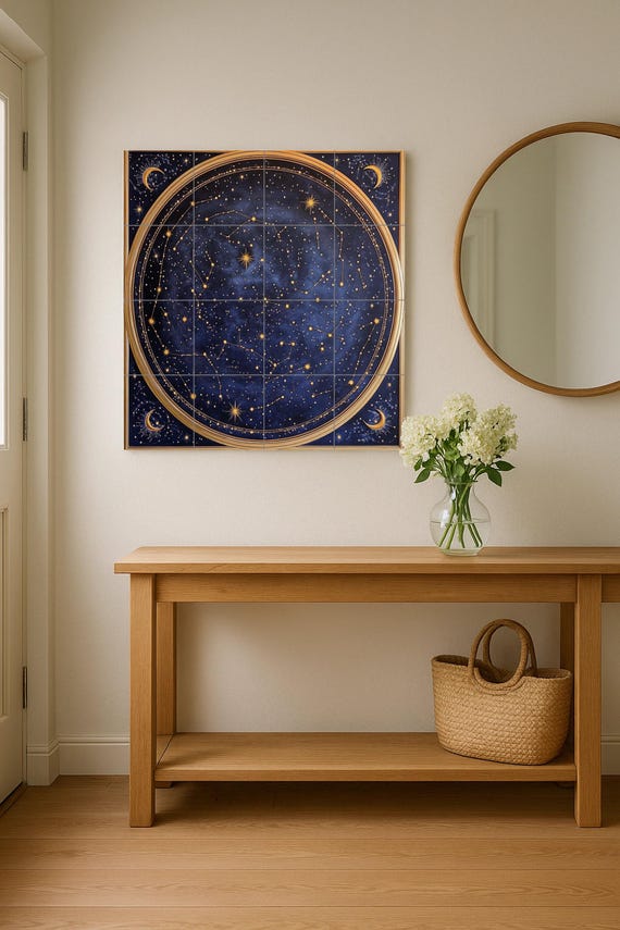 Mural de pared de cerámica con mapa estelar celestial con constelaciones y lu… — vista 2