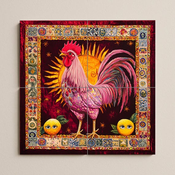Mural de azulejos de cerámica con un gallo vibrante — vista 3