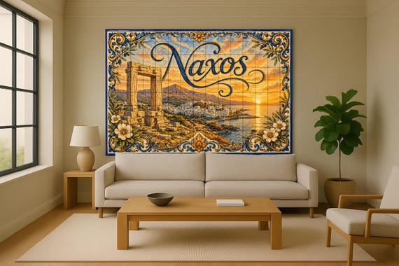 Mural de azulejos de cerámica de Naxos, arte mural costero de las Cícladas al… — vista 2