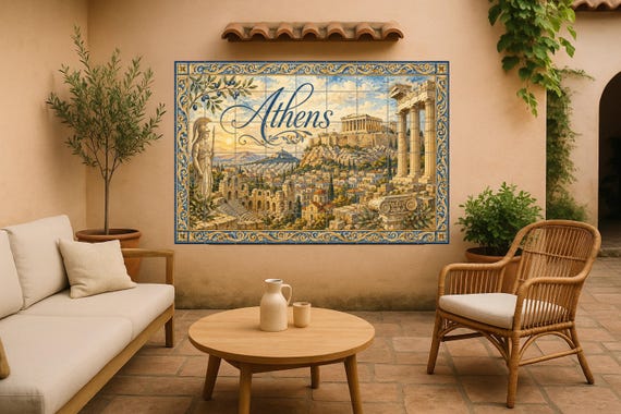 Mural de azulejos de cerámica de la Acrópolis de Atenas, arte mural de la ant…