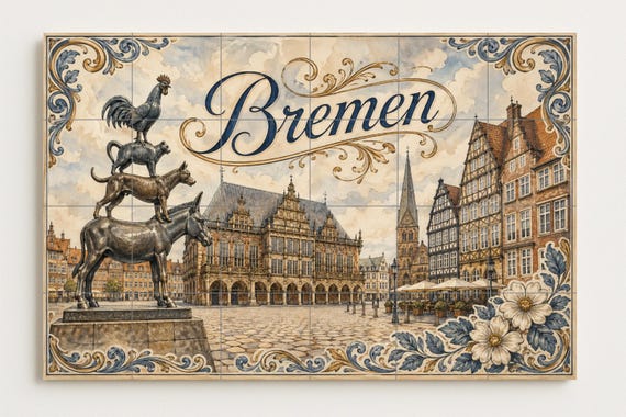 Mural de azulejos de cerámica de Bremen, Alemania, arte mural con paisaje urb… — vista 4