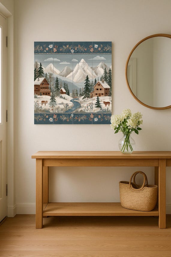 Mural de azulejos de un pueblo alpino nevado — vista 2