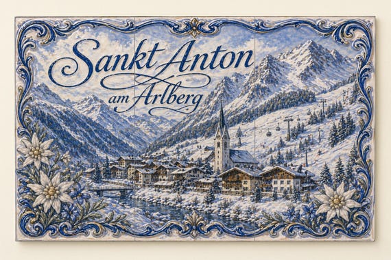 Mural de azulejos de cerámica de Sankt Anton am Arlberg, Austria, estación de…
