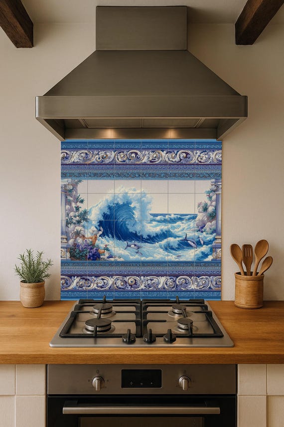 Mural de azulejos con olas del océano — vista 3
