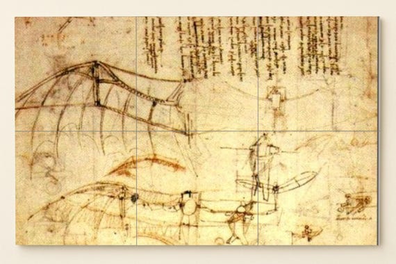 Mural de azulejos con boceto de la máquina voladora de Leonardo da Vinci — vista 3