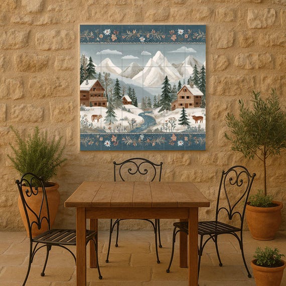 Mural de azulejos de un pueblo alpino nevado