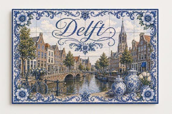 Mural de azulejos de cerámica de Delft, Países Bajos, decoración de pared con… — vista 4