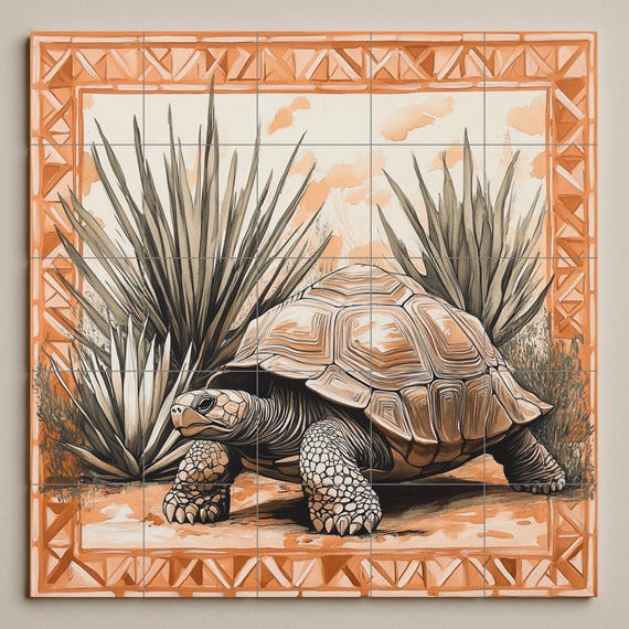 Mural de azulejos cerámicos de tortuga del desierto con plantas de agave, bor… — vista 3