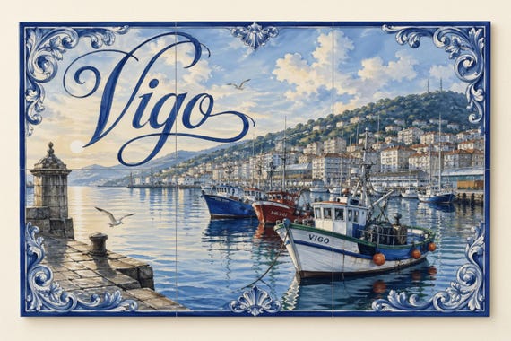 Mural de azulejos cerámicos del puerto pesquero de Vigo, decoración de pared …