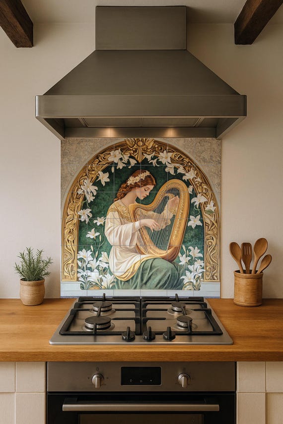 Mural de azulejos de cerámica con arpa Art Nouveau — vista 2
