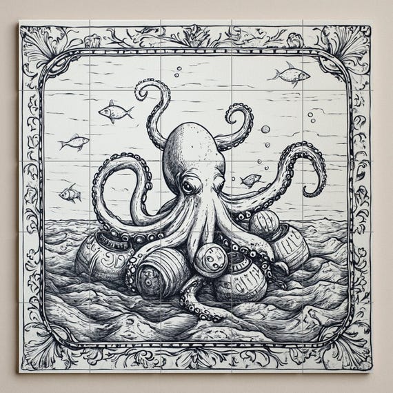 Mural de azulejos cerámicos con forma de pulpo náutico y barriles vintage, es… — vista 3