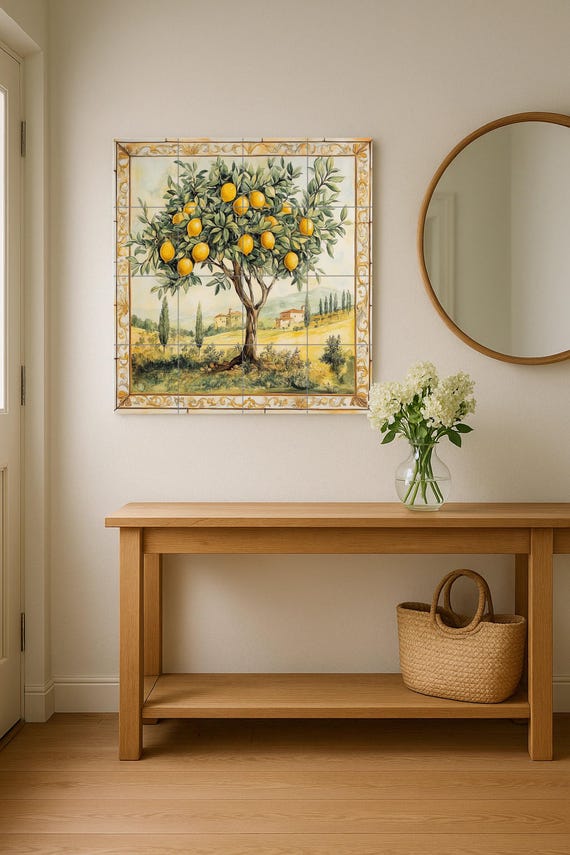 Mural de pared de cerámica de limonero con paisaje toscano y borde dorado, ar… — vista 3