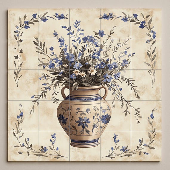Mural de cerámica con jarrón floral azul — vista 3