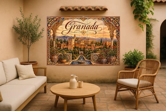 Mural de azulejos de cerámica de la Alhambra de Granada, decoración de pared …