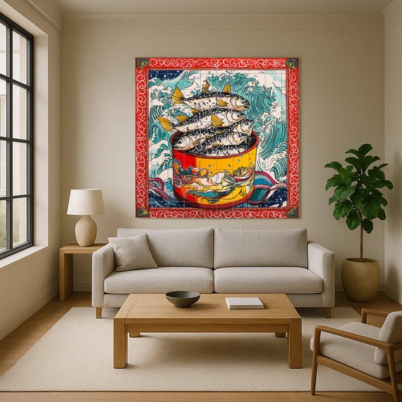 Mural de azulejos de cerámica con peces estilizados en maceta roja, olas romp… — Mural cerámico de Cerámicas La Noria