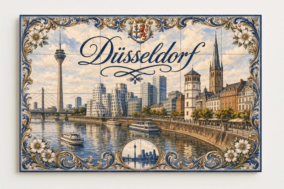 Mural de azulejos de cerámica de Düsseldorf, Alemania, paisaje urbano del río… — vista 2
